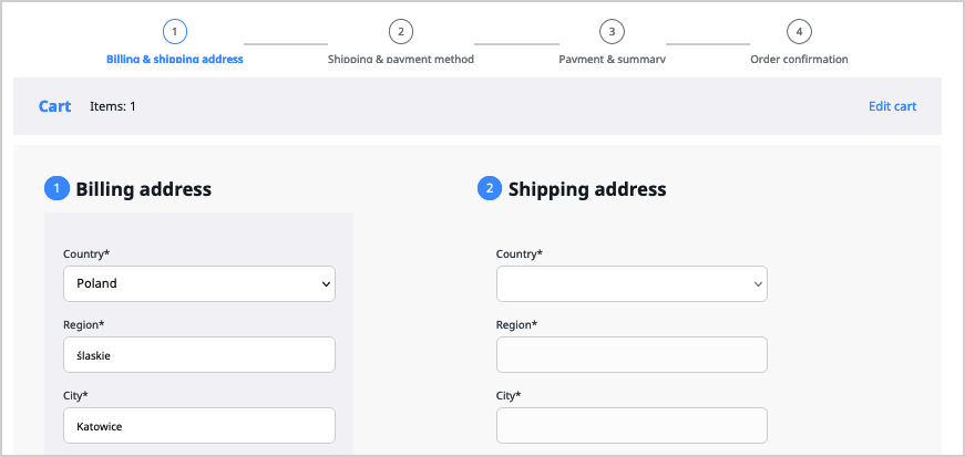 Checkout stages Address selection stage