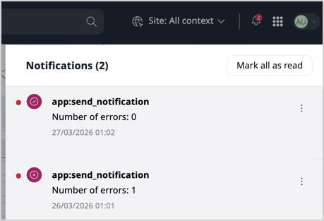 Command notifications shown in the ibexa channel, the back office user notification menu Ibexa notification example